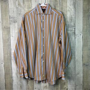 Tailorbyrd Large Tan & Blue Button Front Long Sleeve Striped Dress Shirt